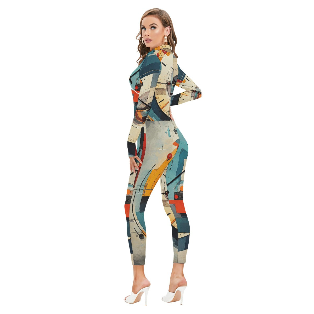 All-Over Print Women's Long-sleeved High-neck Jumpsuit With Zipper