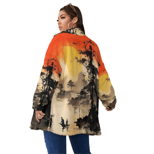 All-Over Print Unisex Borg Fleece Stand-up Collar Coat With Zipper Closure(Plus Size)