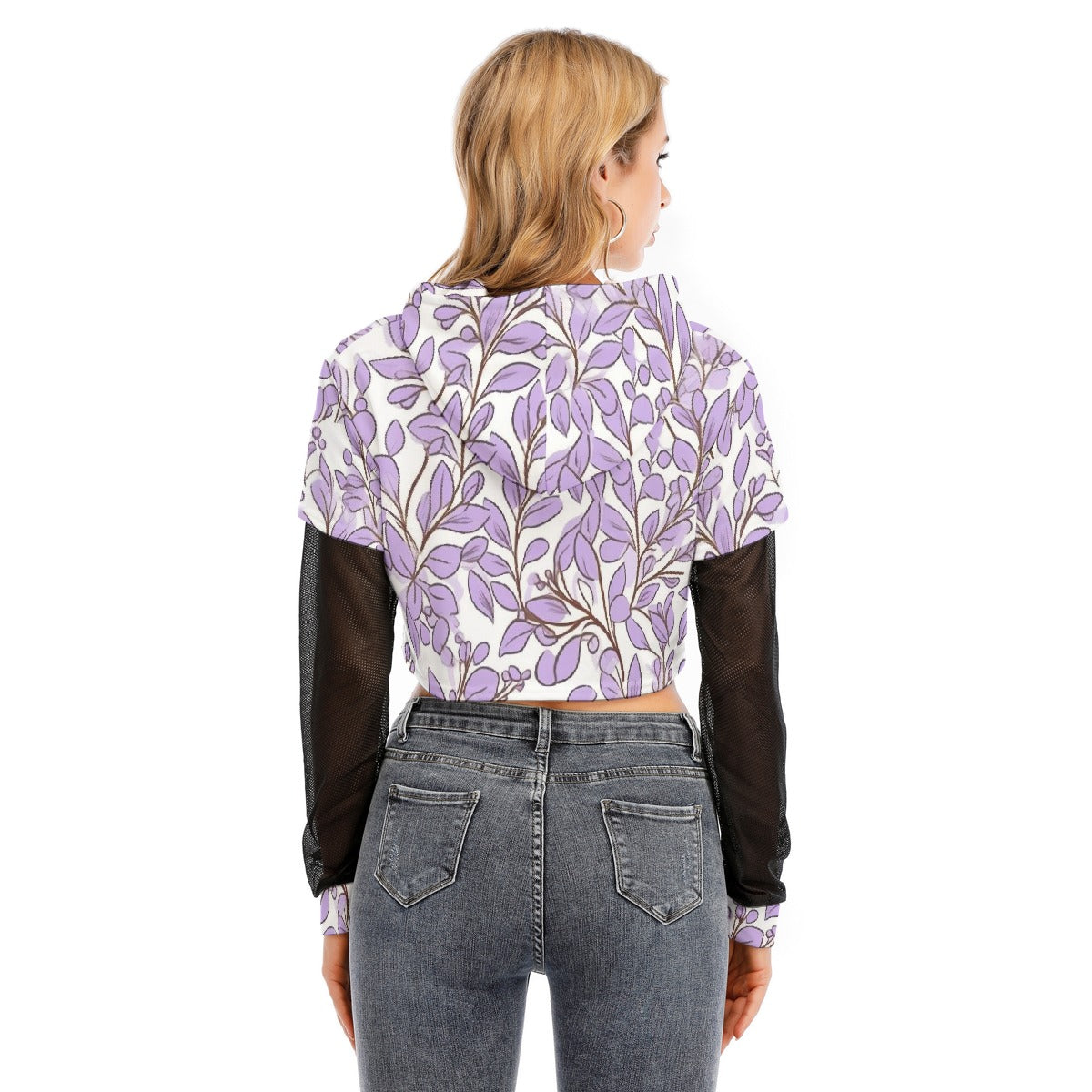 All-Over Print Women's Fake Two-piece Mesh Sleeve Cropped Hoodie
