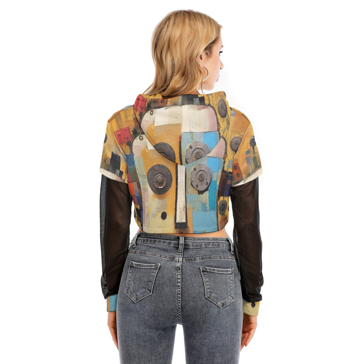 All-Over Print Women's Fake Two-piece Mesh Sleeve Cropped Hoodie