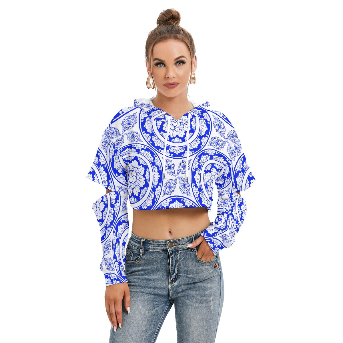 All-Over Print Women's Heavy Fleece Hoodie With Hollow Out Sleeve