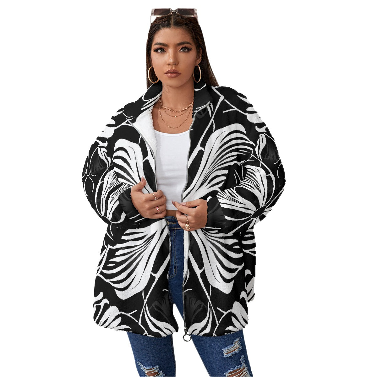 All-Over Print Unisex Borg Fleece Stand-up Collar Coat With Zipper Closure(Plus Size)