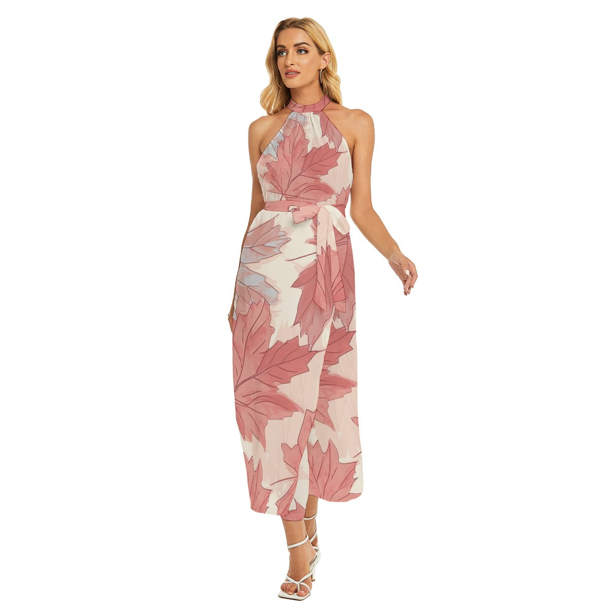 All-Over Print Women's Wrap Hem Belted Halter Dress