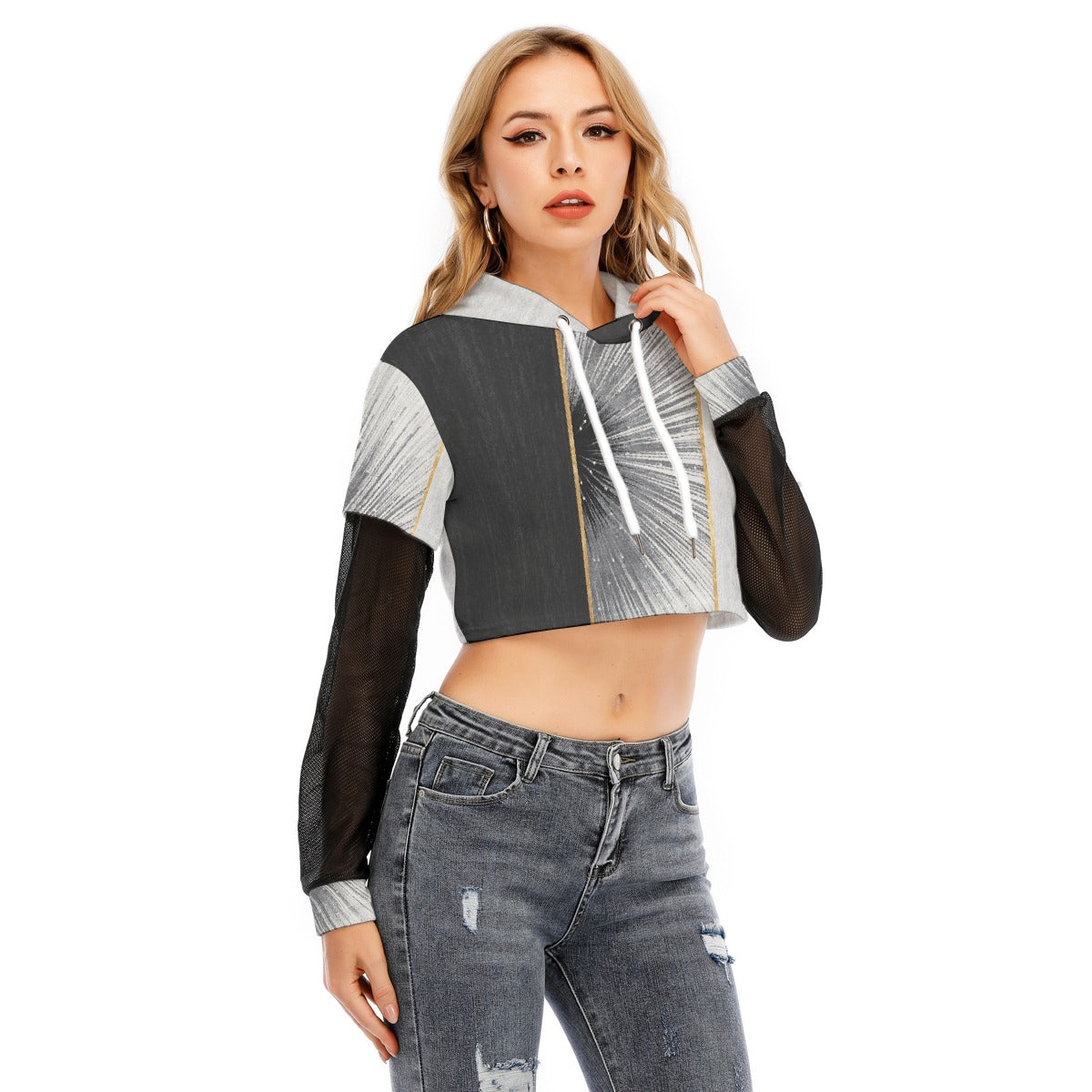 All-Over Print Women's Fake Two-piece Mesh Sleeve Cropped Hoodie