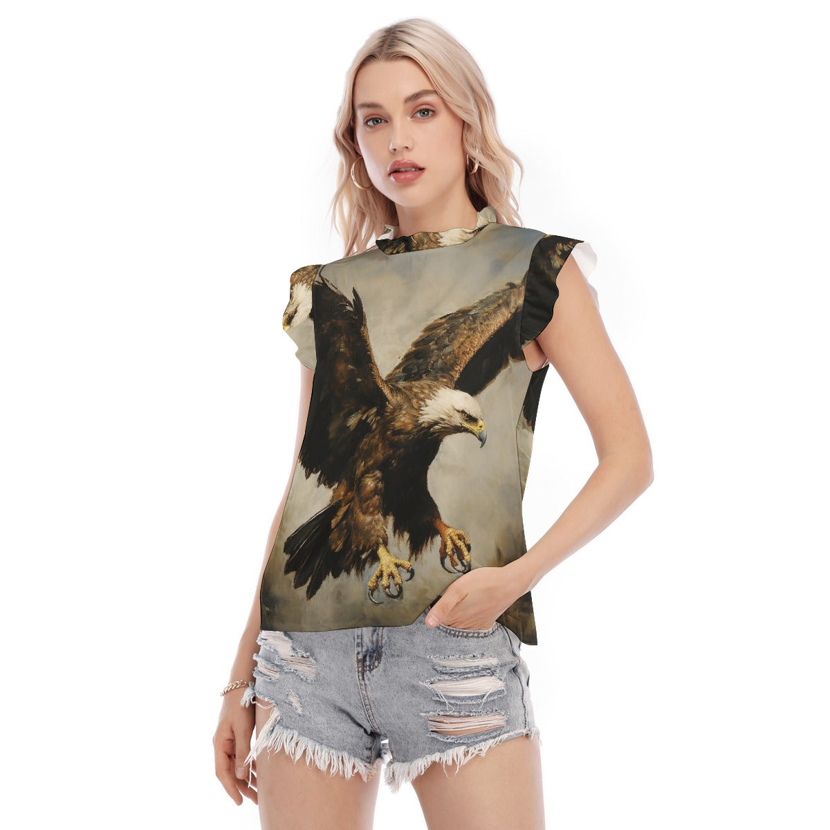 All-Over Print Women's Blouse With Ruffle Collar And Sleeve