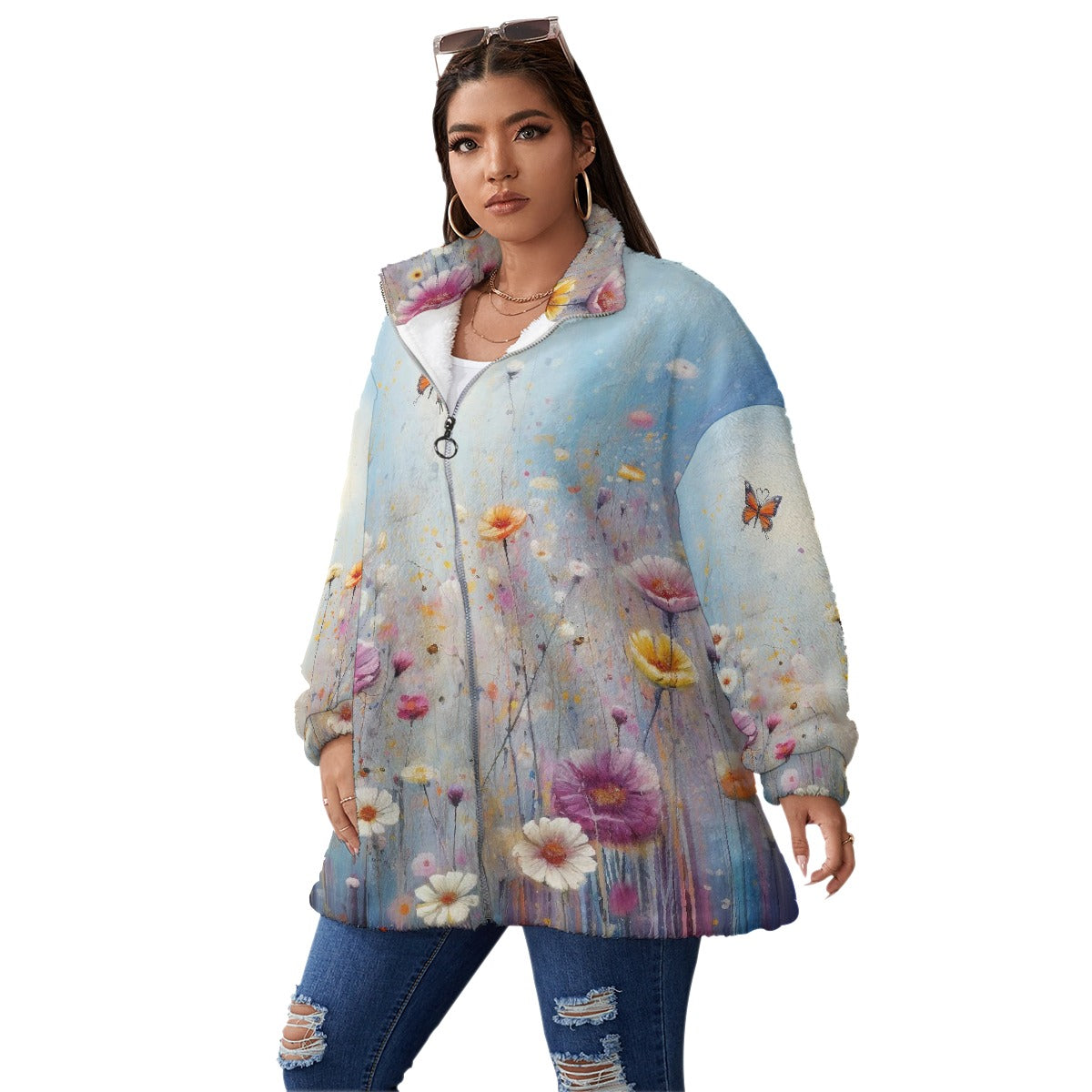 All-Over Print Unisex Borg Fleece Stand-up Collar Coat With Zipper Closure(Plus Size)