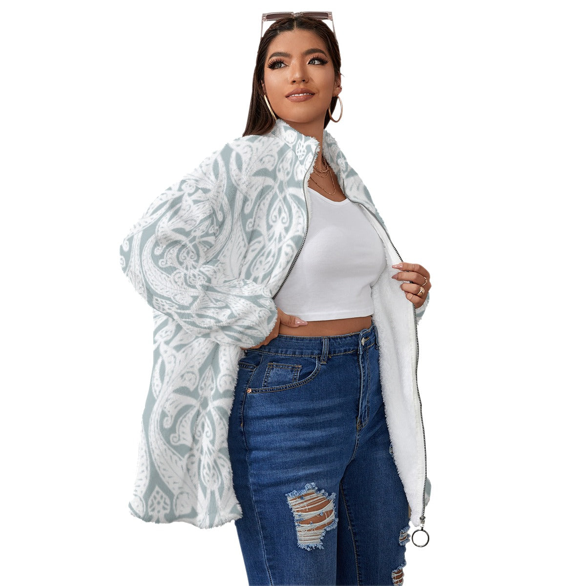 All-Over Print Unisex Borg Fleece Stand-up Collar Coat With Zipper Closure(Plus Size)