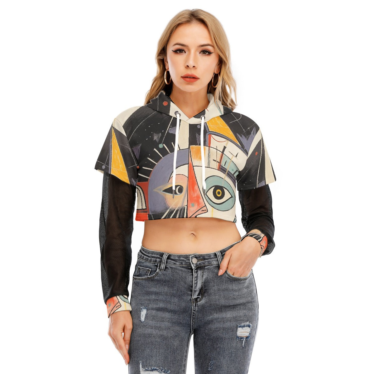 All-Over Print Women's Fake Two-piece Mesh Sleeve Cropped Hoodie