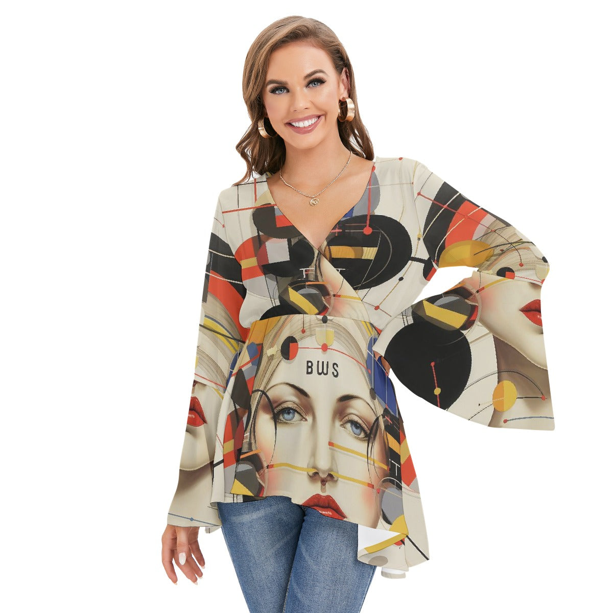All-Over Print Women's V-neck Blouse With Flared Sleeves