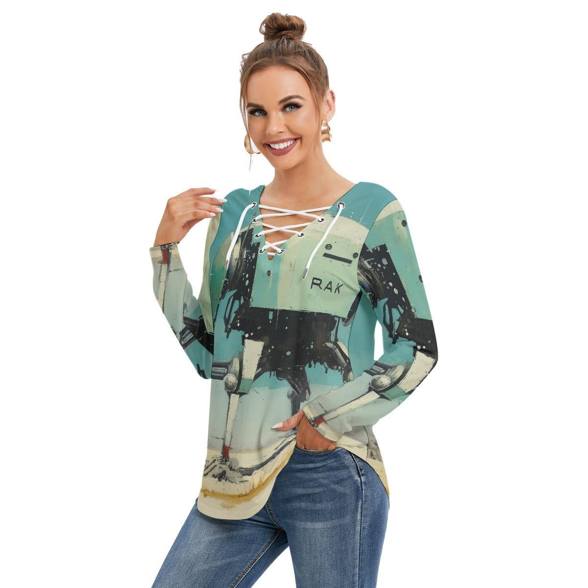 All-Over Print Women's Long Sleeve Neckline Tie Sweatshirt