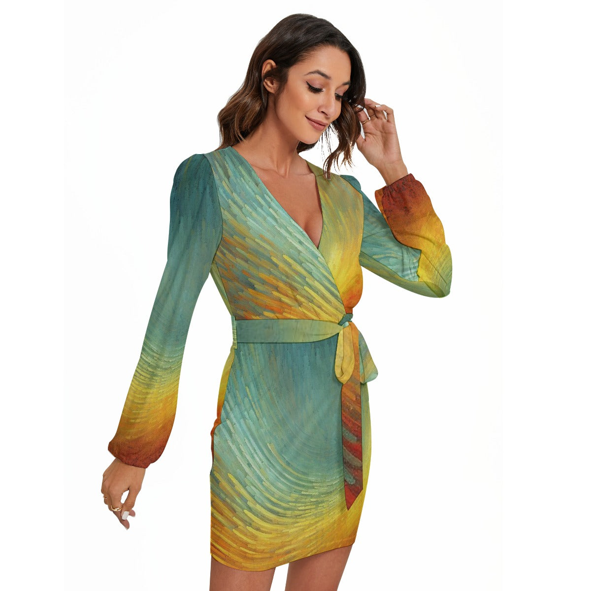 All-Over Print Women's Long Sleeve Dress With Waist Belt