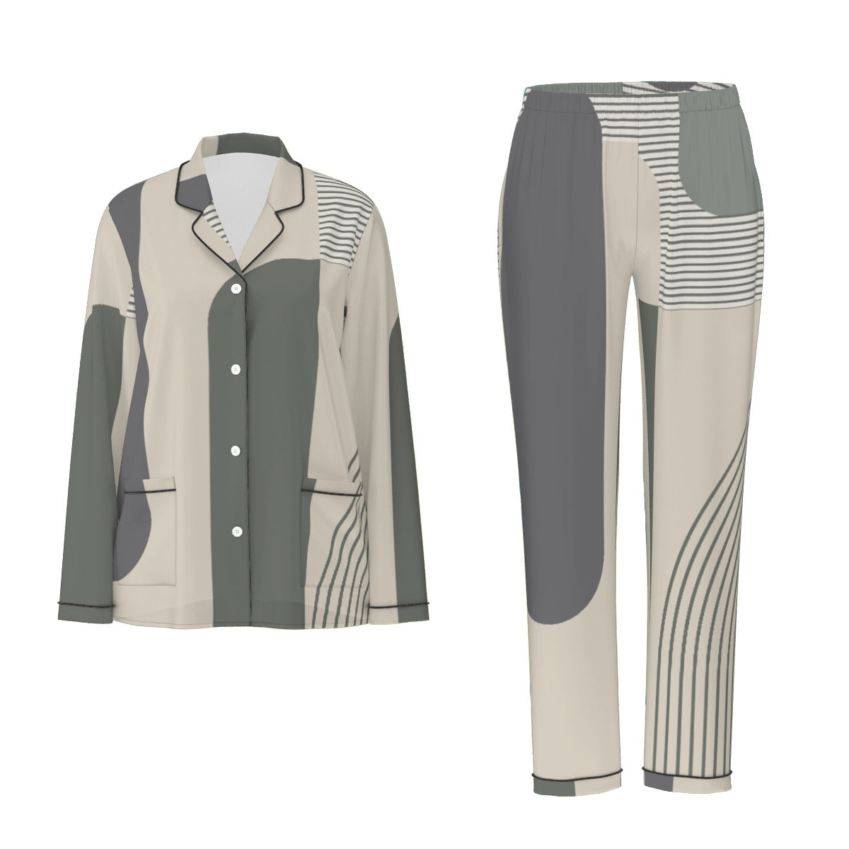 All-Over Print Women's Long Sleeve Pajama Set With Black Contrast Piping