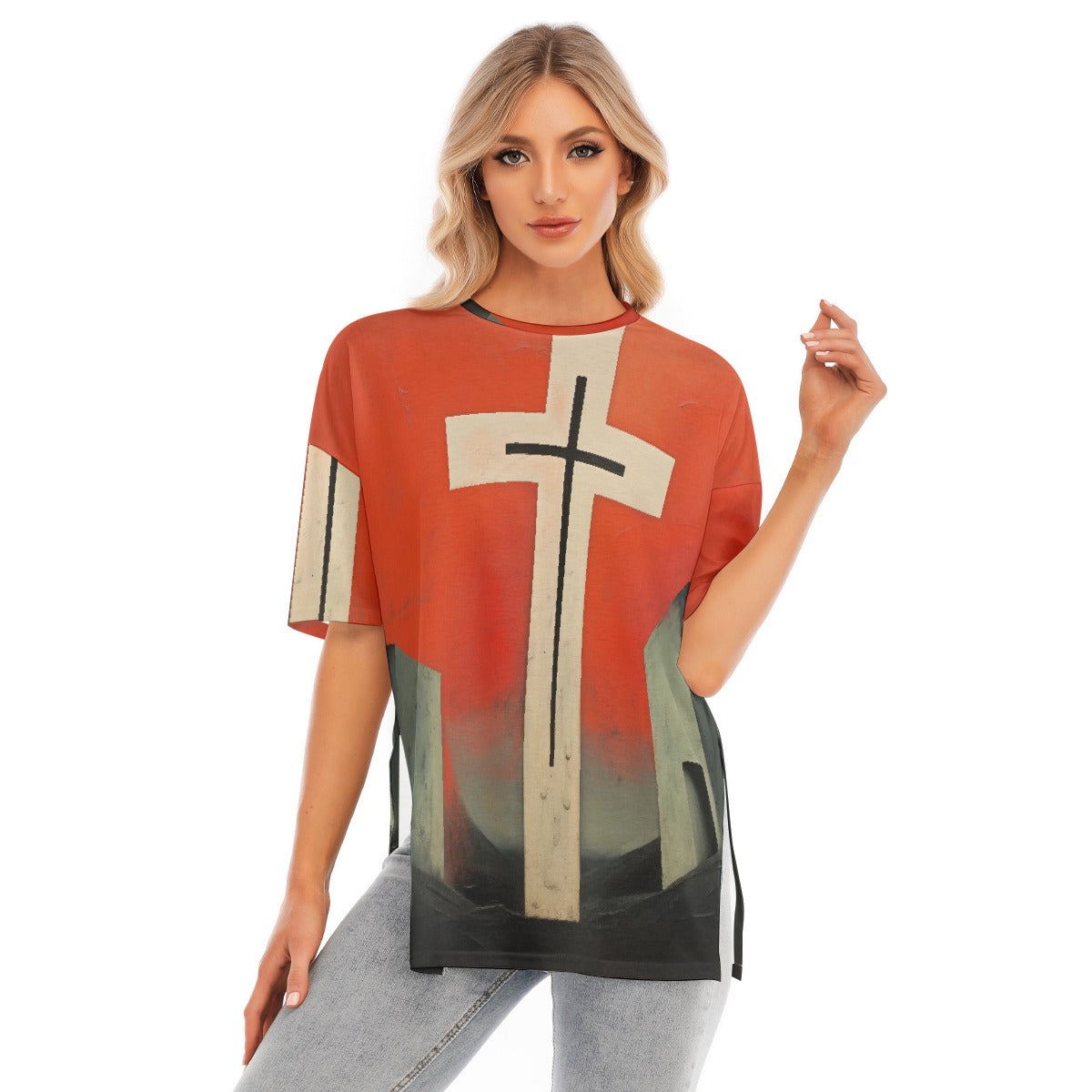 All-Over Print Women's Short Sleeves T-shirt With Hem Split