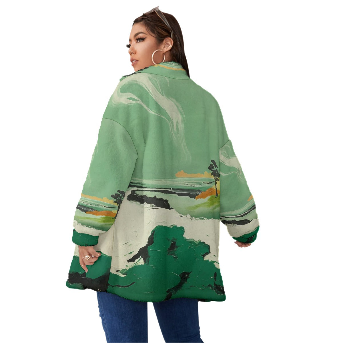 All-Over Print Unisex Borg Fleece Stand-up Collar Coat With Zipper Closure(Plus Size)