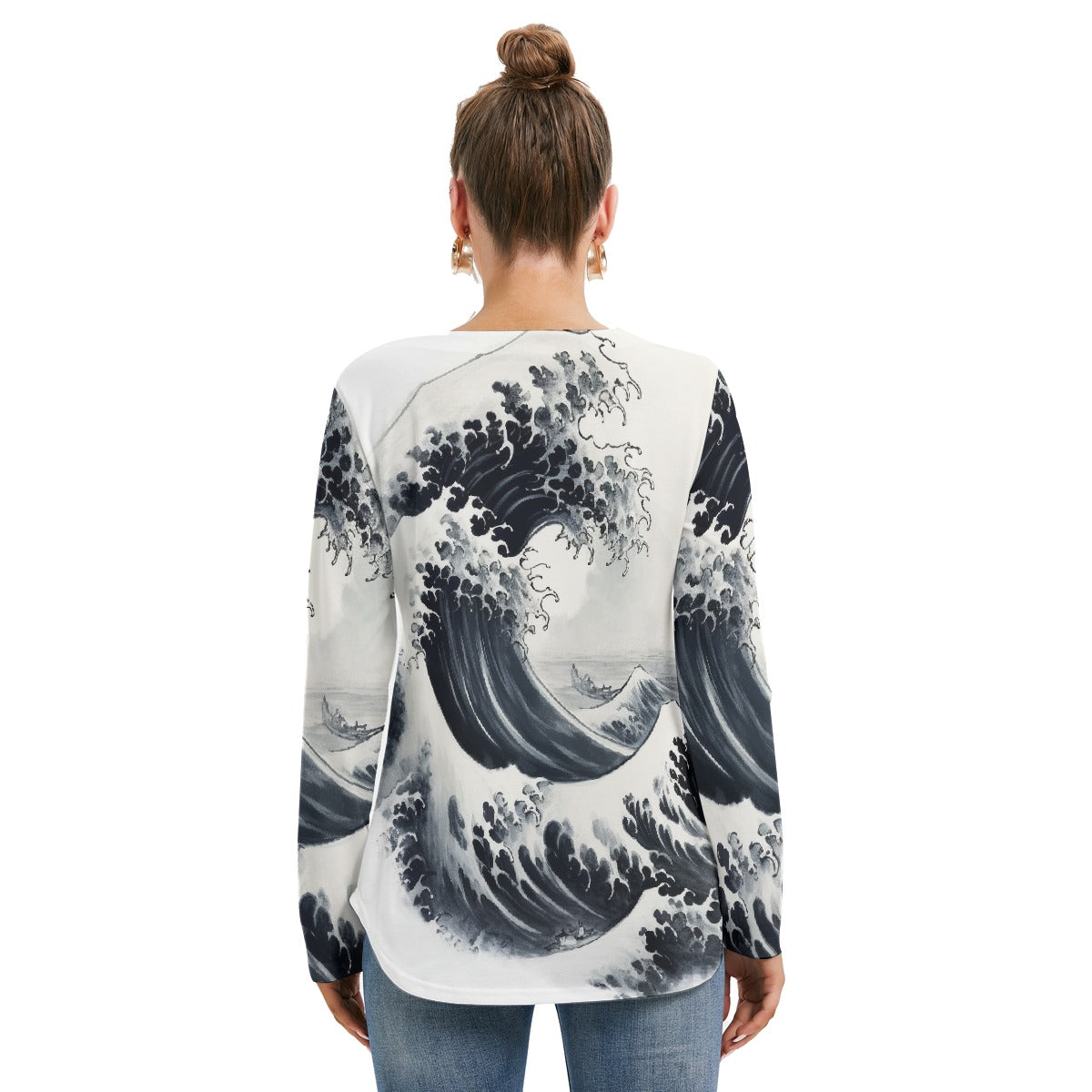 All-Over Print Women's Long Sleeve Neckline Tie Sweatshirt