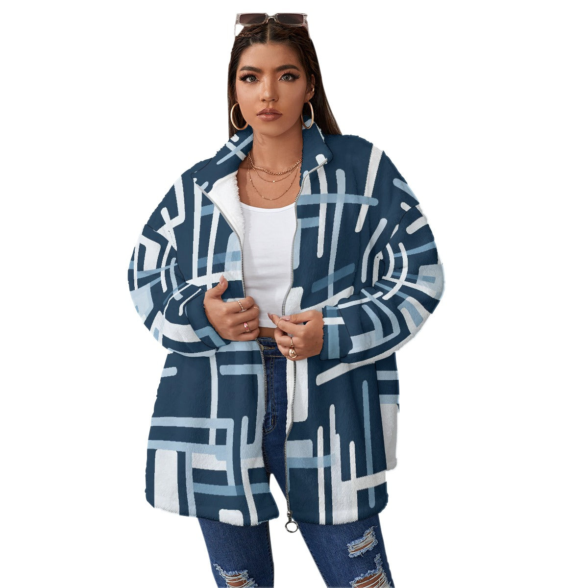 All-Over Print Unisex Borg Fleece Stand-up Collar Coat With Zipper Closure(Plus Size)