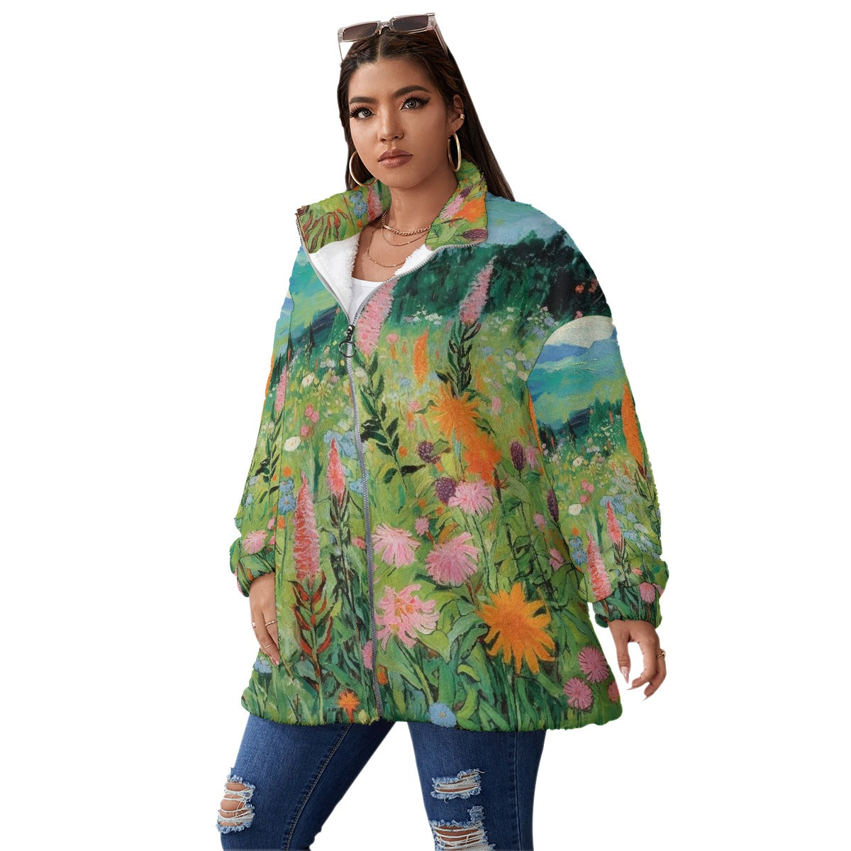 All-Over Print Unisex Borg Fleece Stand-up Collar Coat With Zipper Closure(Plus Size)
