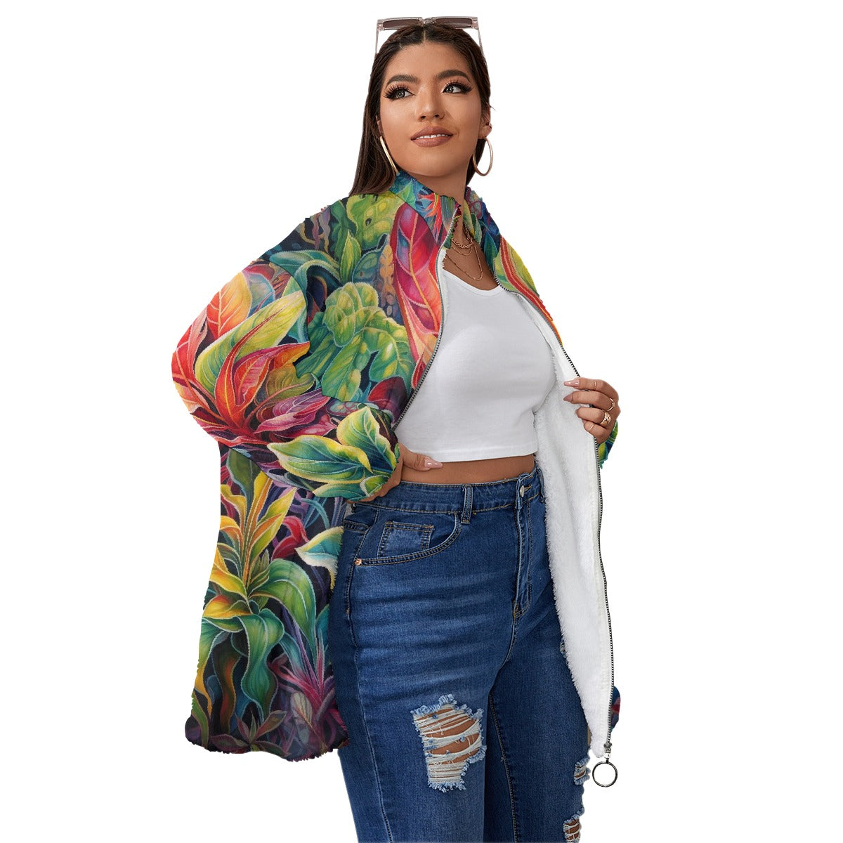 All-Over Print Unisex Borg Fleece Stand-up Collar Coat With Zipper Closure(Plus Size)