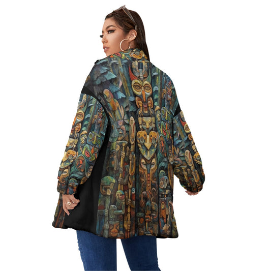 All-Over Print Unisex Borg Fleece Stand-up Collar Coat With Zipper Closure(Plus Size)