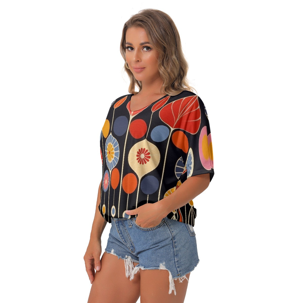 All-Over Print Women's Bat Sleeves V-Neck Blouse