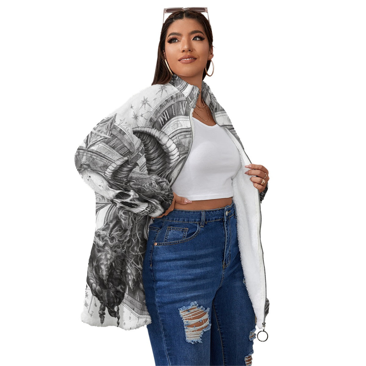 All-Over Print Unisex Borg Fleece Stand-up Collar Coat With Zipper Closure(Plus Size)