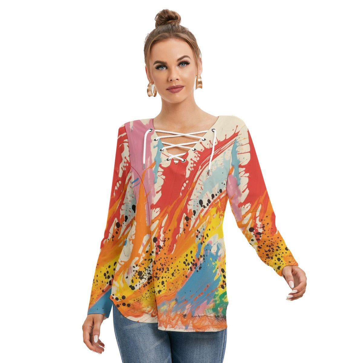 All-Over Print Women's Long Sleeve Neckline Tie Sweatshirt