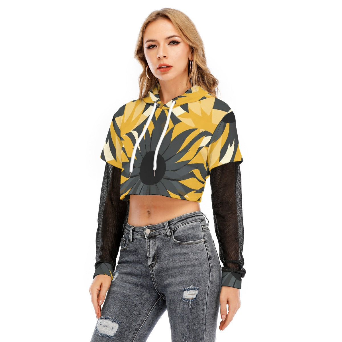 All-Over Print Women's Fake Two-piece Mesh Sleeve Cropped Hoodie