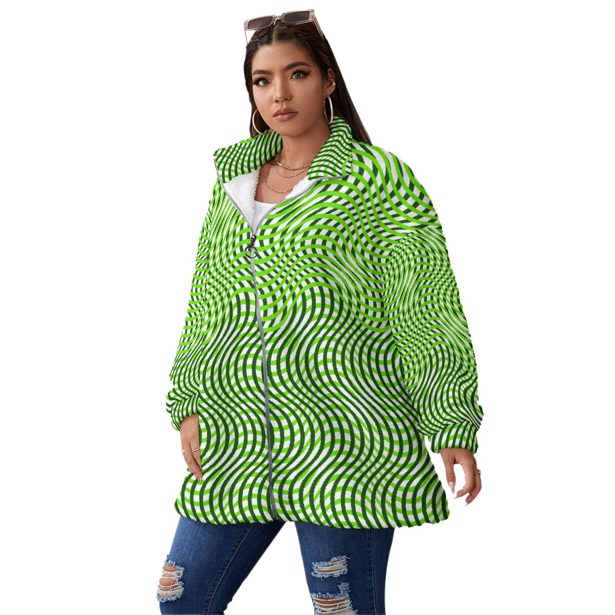 All-Over Print Unisex Borg Fleece Stand-up Collar Coat With Zipper Closure(Plus Size)