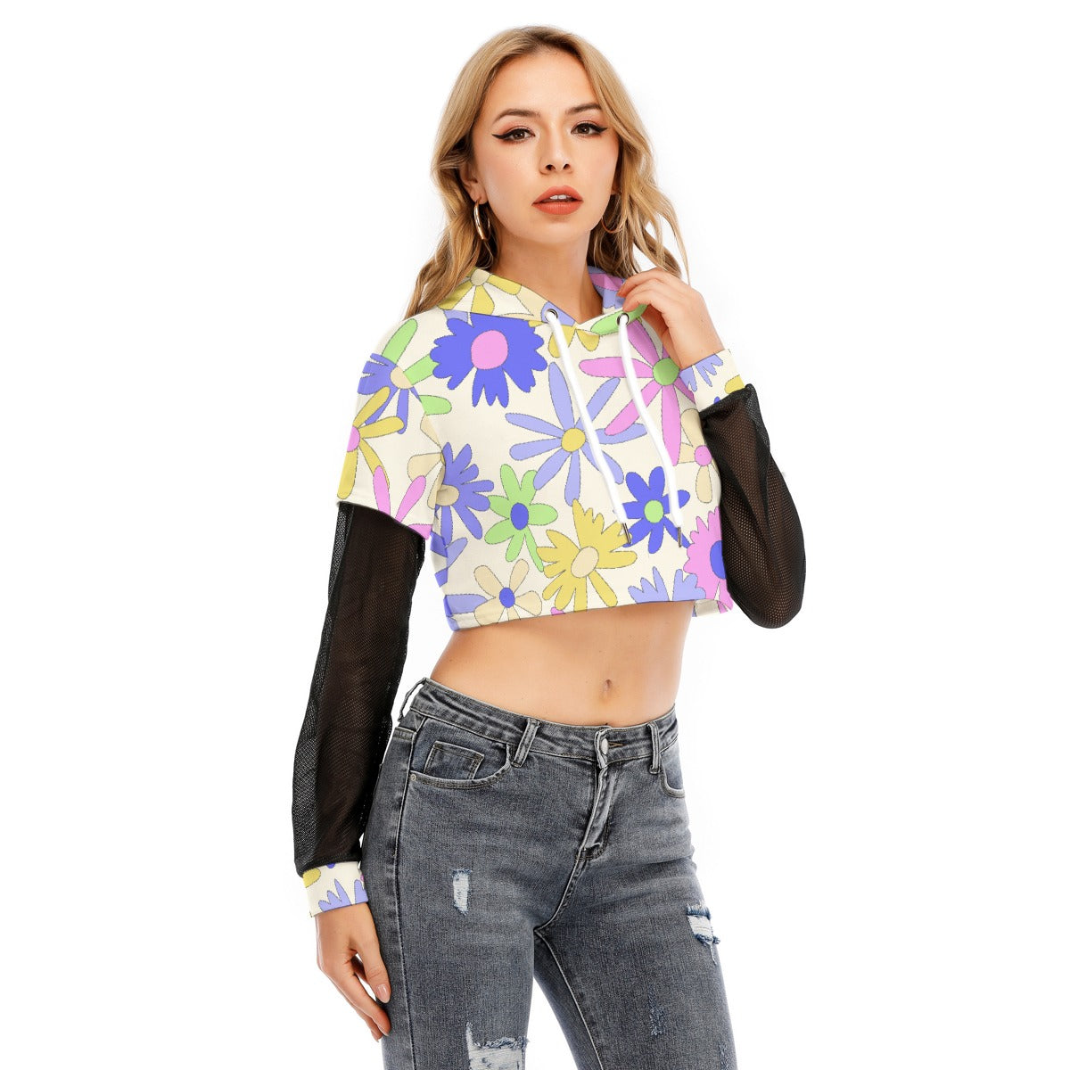 All-Over Print Women's Fake Two-piece Mesh Sleeve Cropped Hoodie