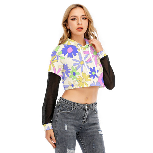 All-Over Print Women's Fake Two-piece Mesh Sleeve Cropped Hoodie