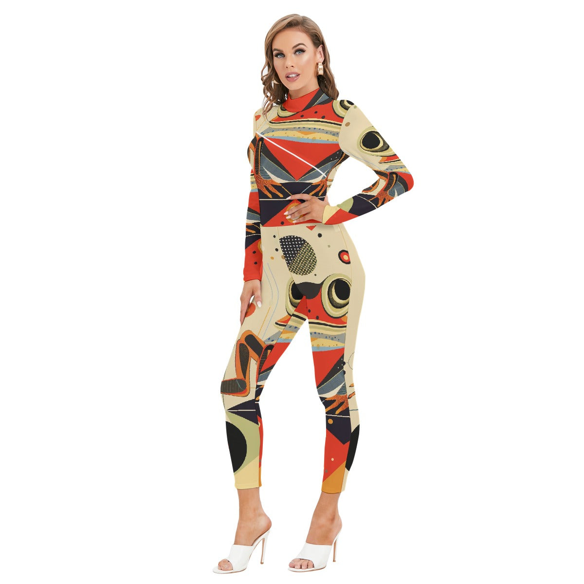 All-Over Print Women's Long-sleeved High-neck Jumpsuit With Zipper