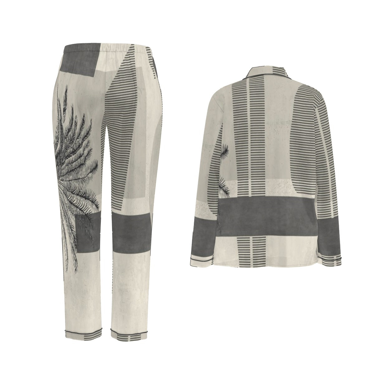 All-Over Print Women's Long Sleeve Pajama Set With Black Contrast Piping