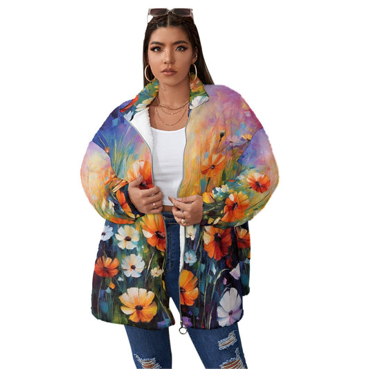 All-Over Print Unisex Borg Fleece Stand-up Collar Coat With Zipper Closure(Plus Size)