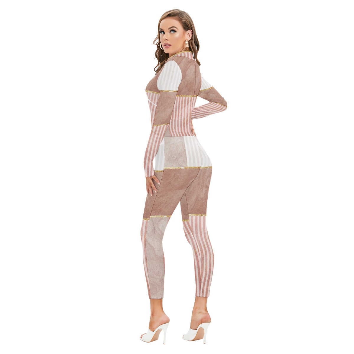 All-Over Print Women's Long-sleeved High-neck Jumpsuit With Zipper