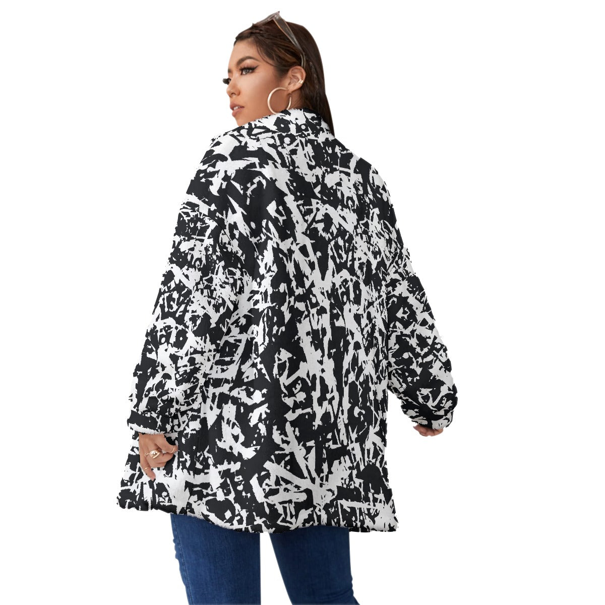 All-Over Print Unisex Borg Fleece Stand-up Collar Coat With Zipper Closure(Plus Size)