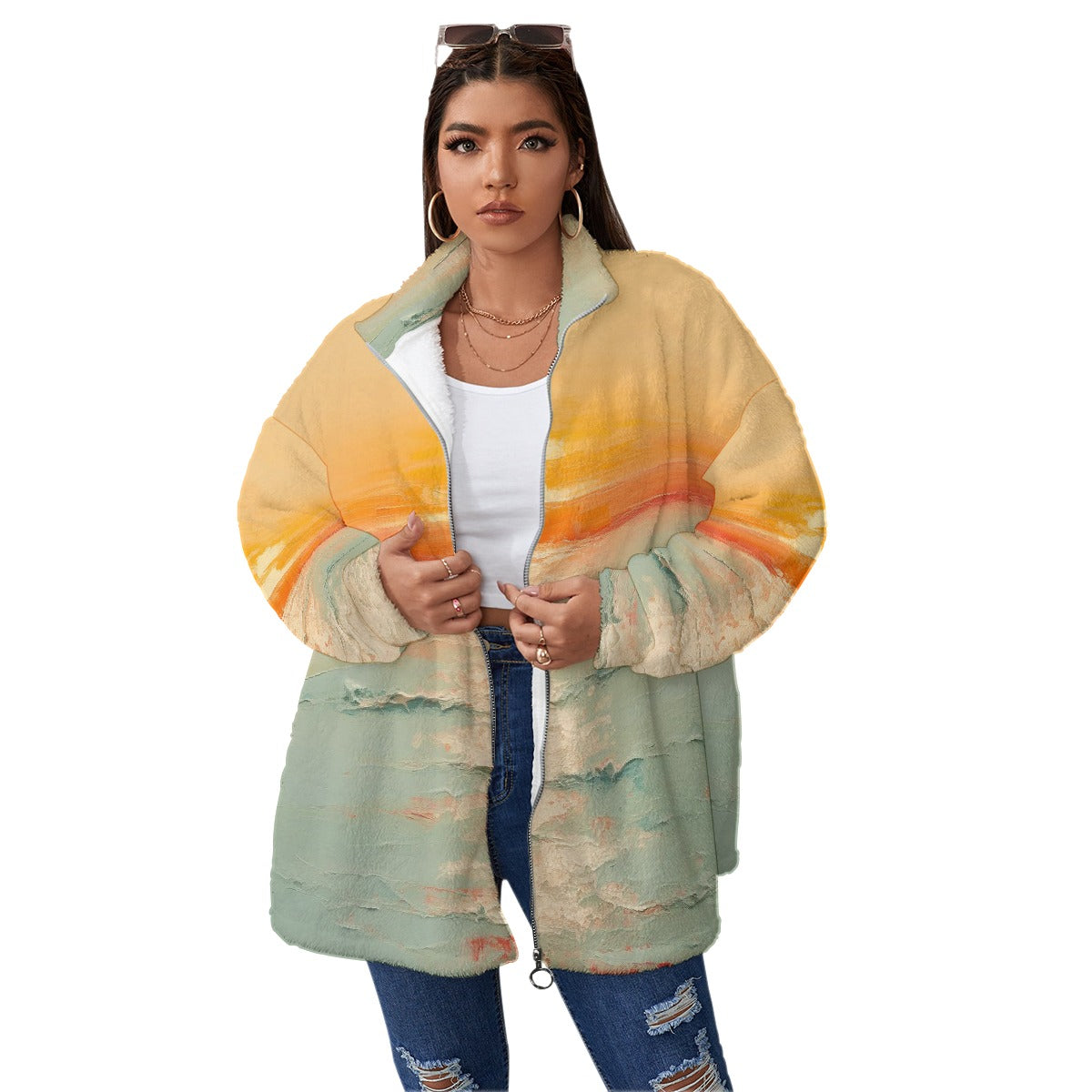 All-Over Print Unisex Borg Fleece Stand-up Collar Coat With Zipper Closure(Plus Size)