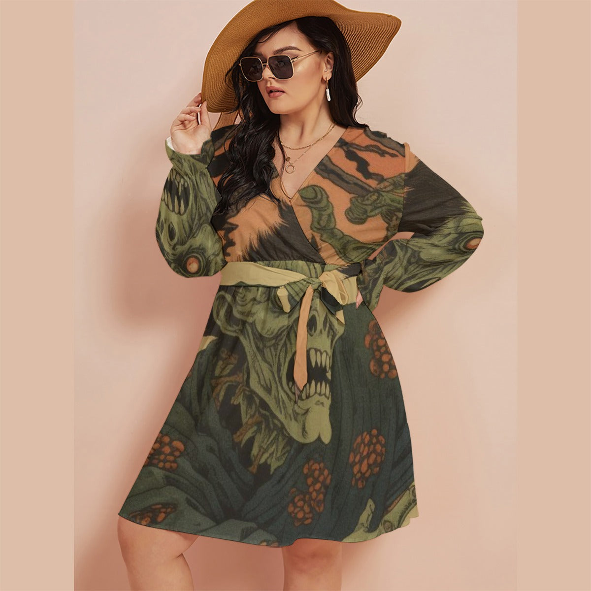 All-Over Print Women's V-neck Dress With Waistband(Plus Size)