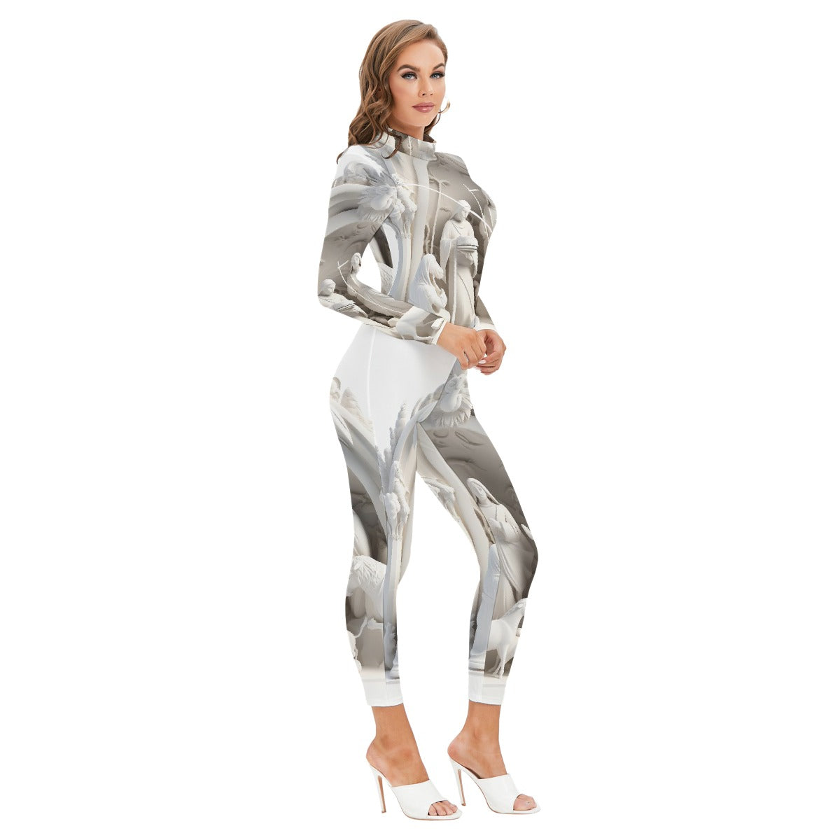 All-Over Print Women's Long-sleeved High-neck Jumpsuit With Zipper