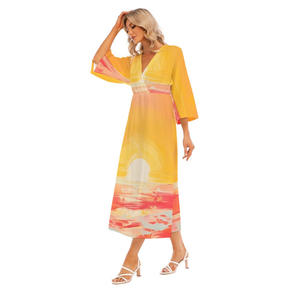 All-Over Print Women's Mid-Sleeve Long Dress