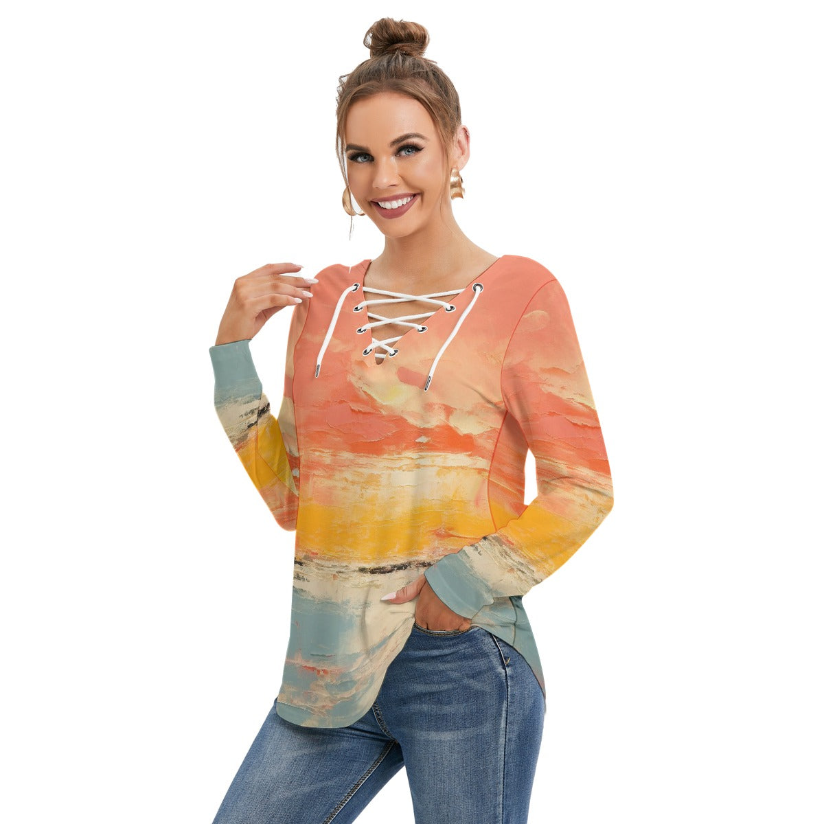 All-Over Print Women's Long Sleeve Neckline Tie Sweatshirt