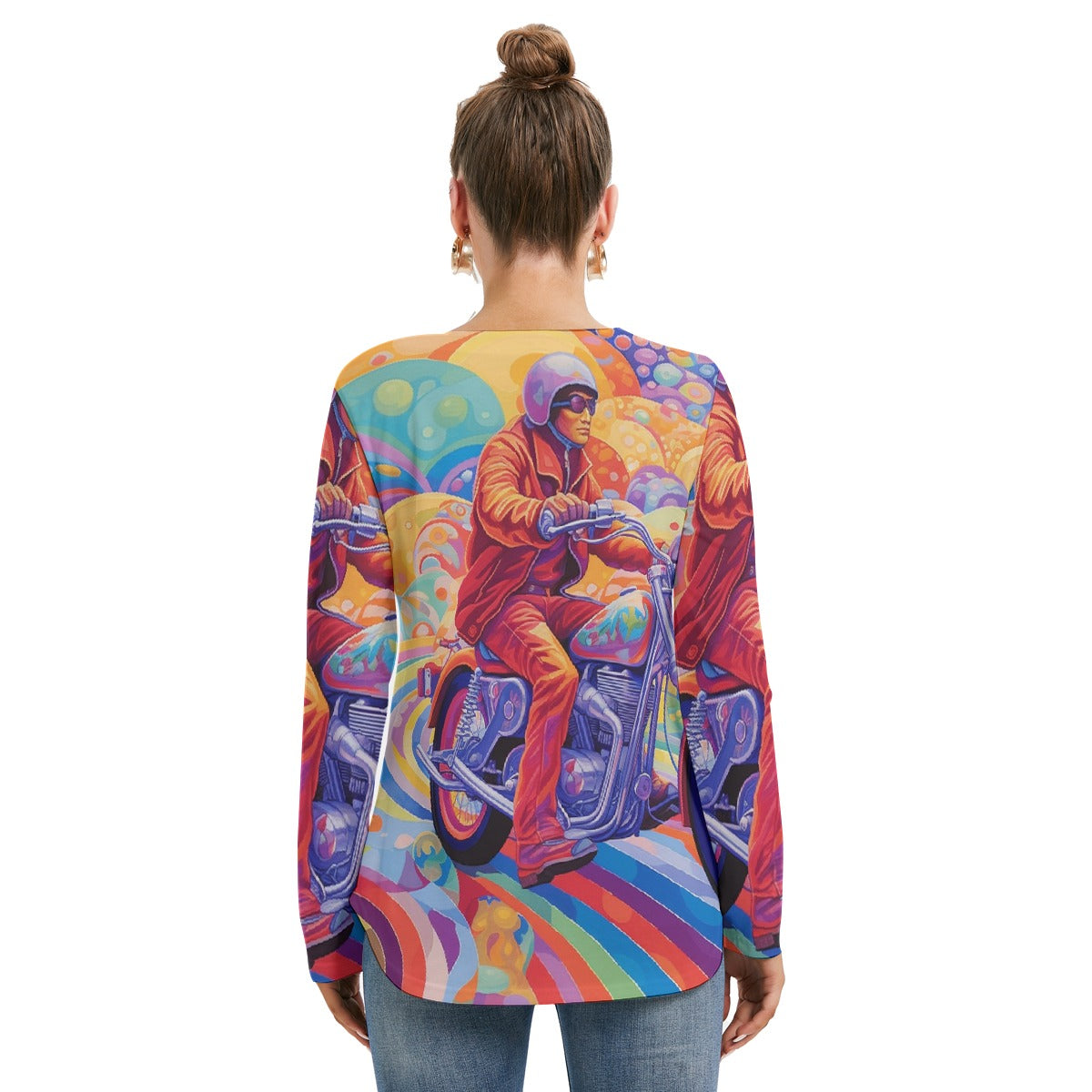 All-Over Print Women's Long Sleeve Neckline Tie Sweatshirt