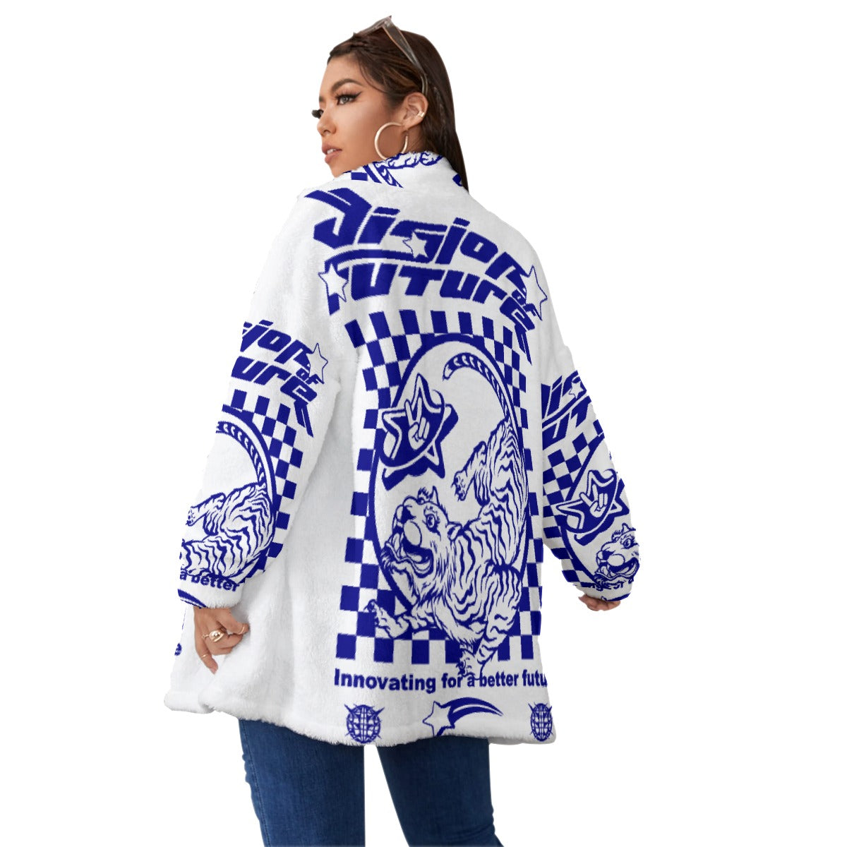 All-Over Print Unisex Borg Fleece Stand-up Collar Coat With Zipper Closure(Plus Size)