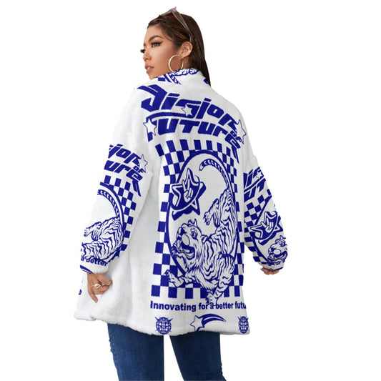 All-Over Print Unisex Borg Fleece Stand-up Collar Coat With Zipper Closure(Plus Size)