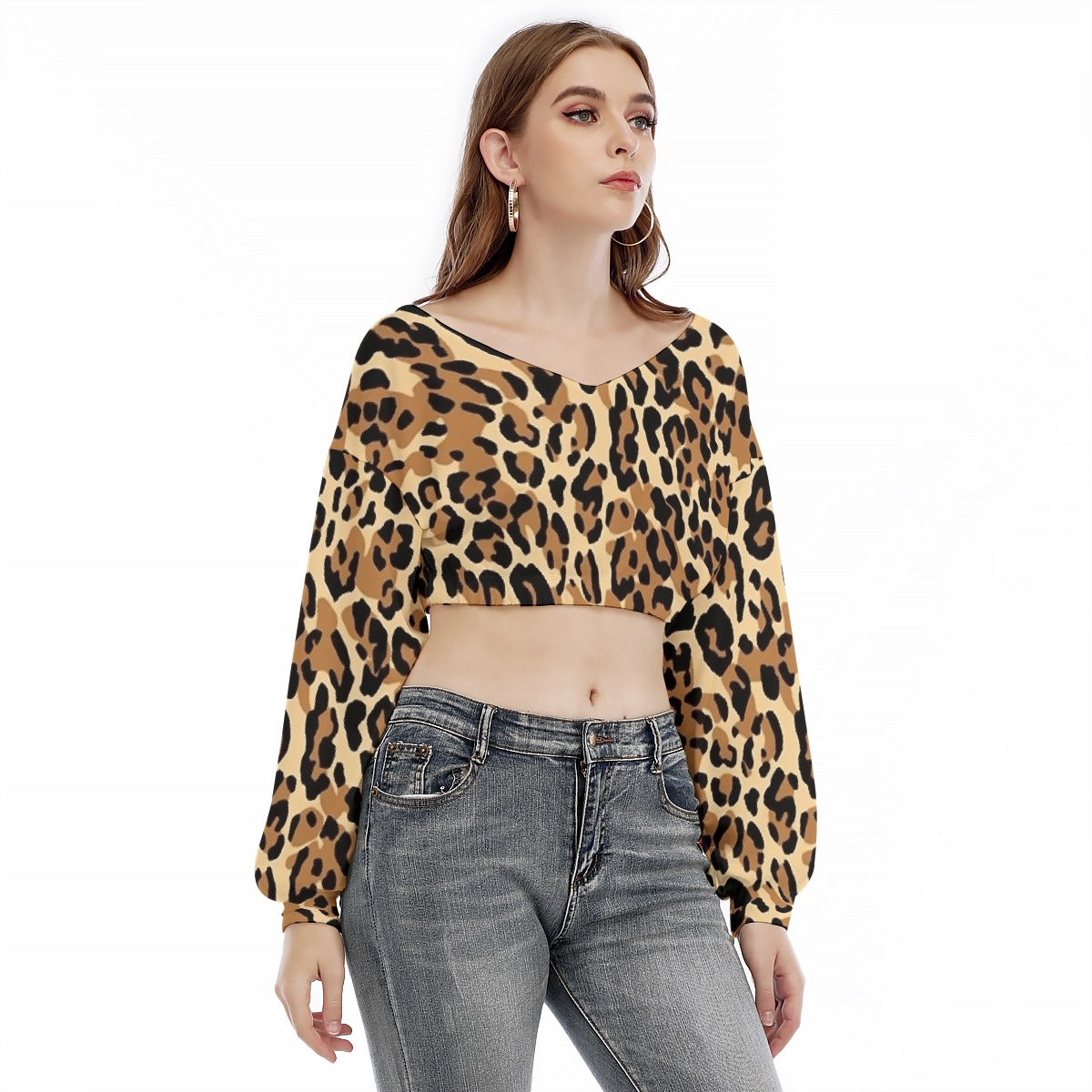 All-Over Print Women's V-neck Long Sleeve Cropped Sweatshirt