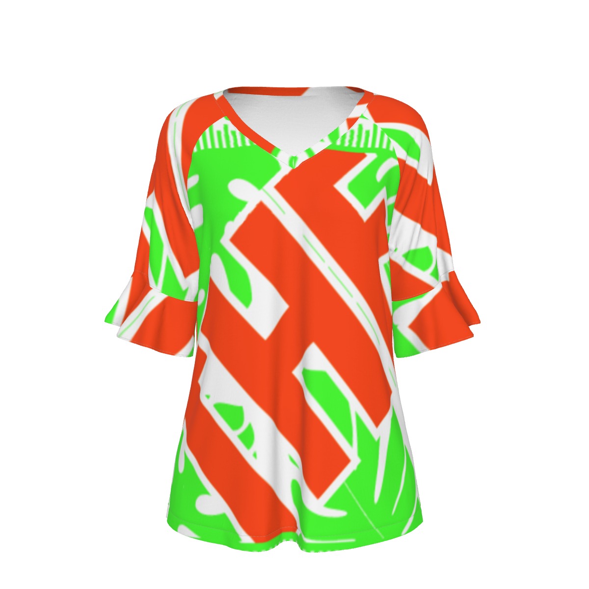 All-Over Print V-neck Women's T-shirt With Bell Sleeve