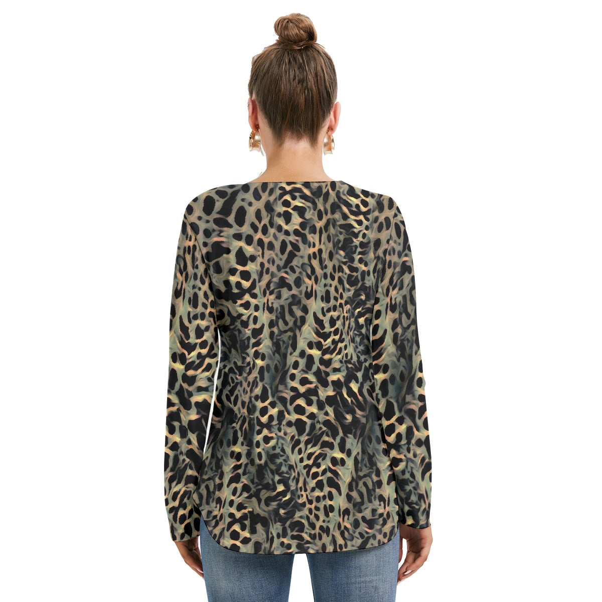 All-Over Print Women's Long Sleeve Neckline Tie Sweatshirt