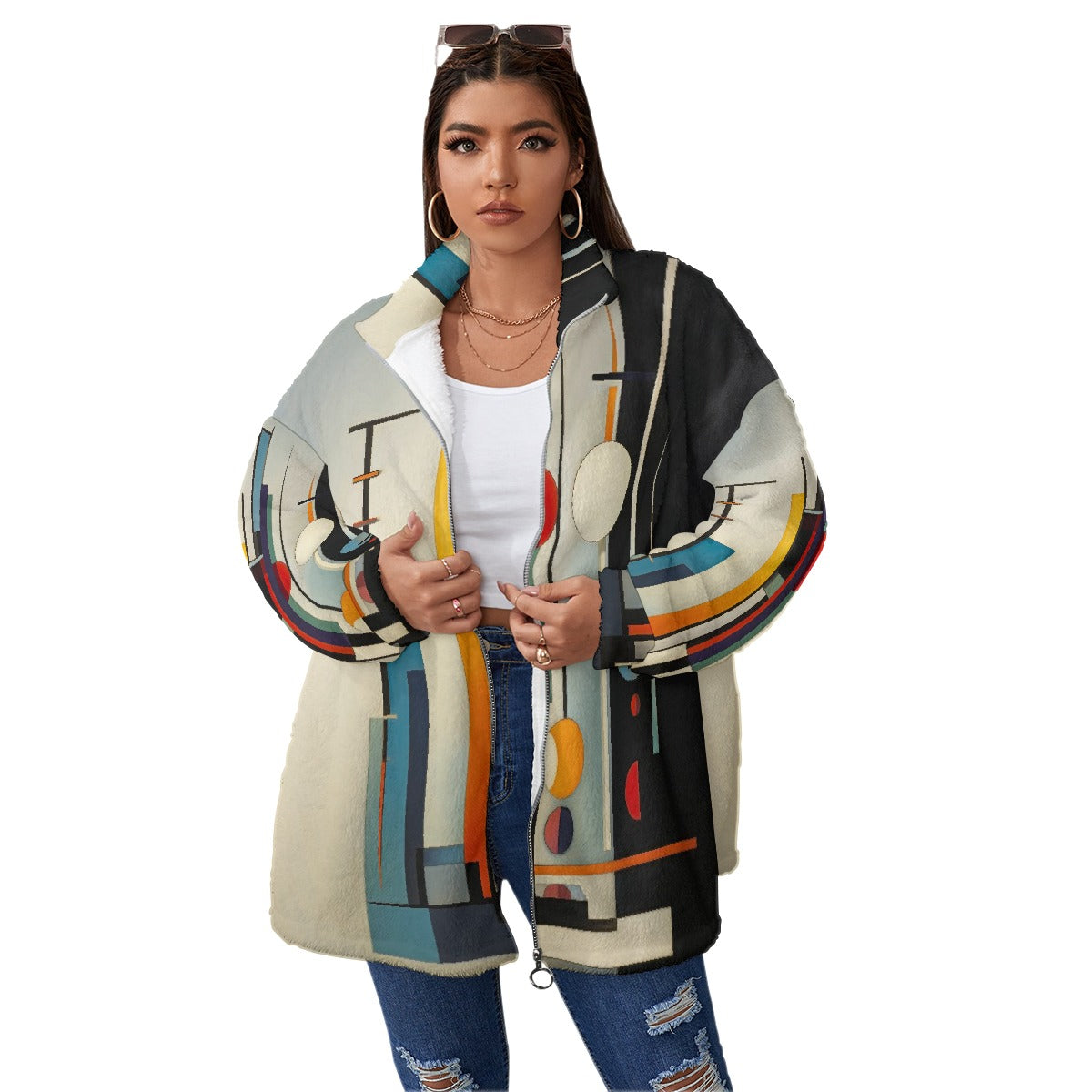 All-Over Print Unisex Borg Fleece Stand-up Collar Coat With Zipper Closure(Plus Size)