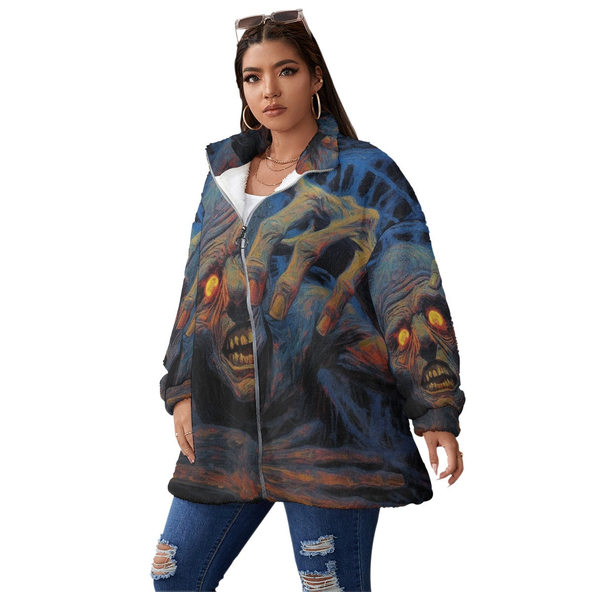 All-Over Print Unisex Borg Fleece Stand-up Collar Coat With Zipper Closure(Plus Size)