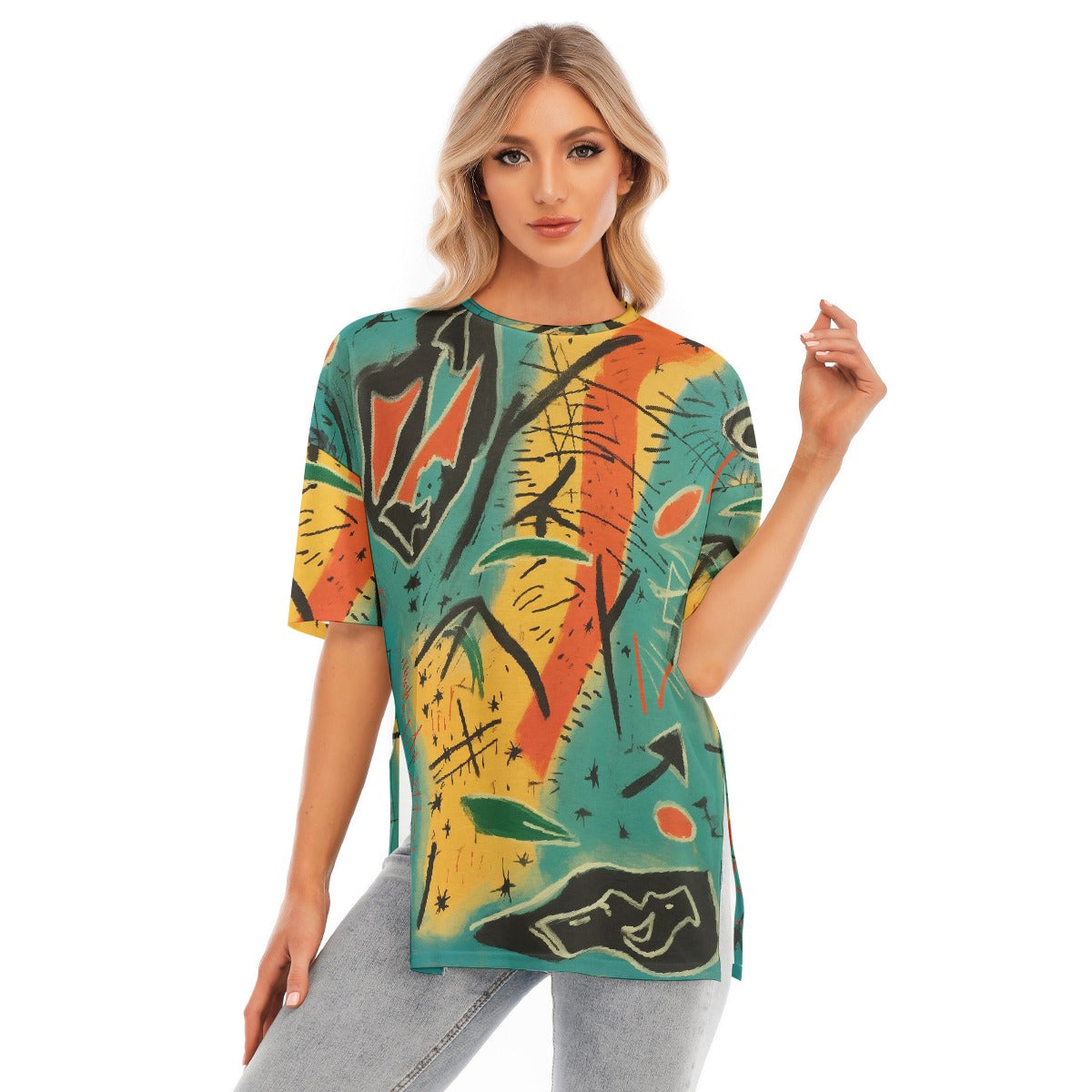 All-Over Print Women's Short Sleeves T-shirt With Hem Split