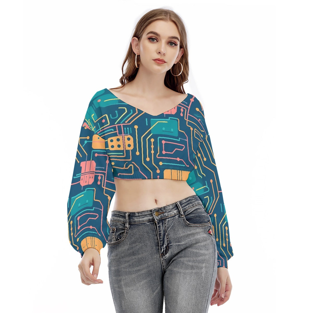 All-Over Print Women's V-neck Long Sleeve Cropped Sweatshirt